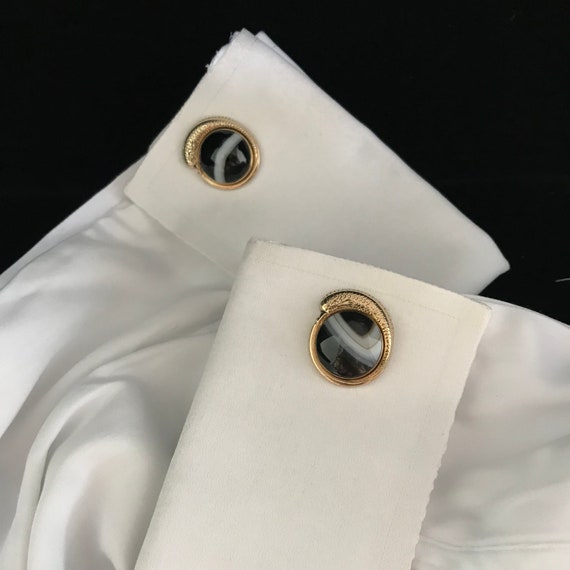 Gold with black & white agate dolphin cuff links/… - image 9