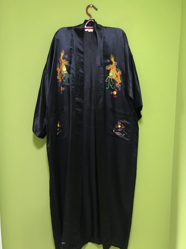 Dragon Theme Robe Vintage Embroidered Dragons on Black Silk Satin Chinese Robe, Long ...