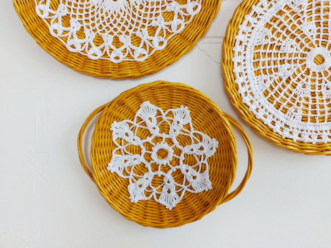 Doily wall hanging Wall art crochet Boho wicker plate Etsy
