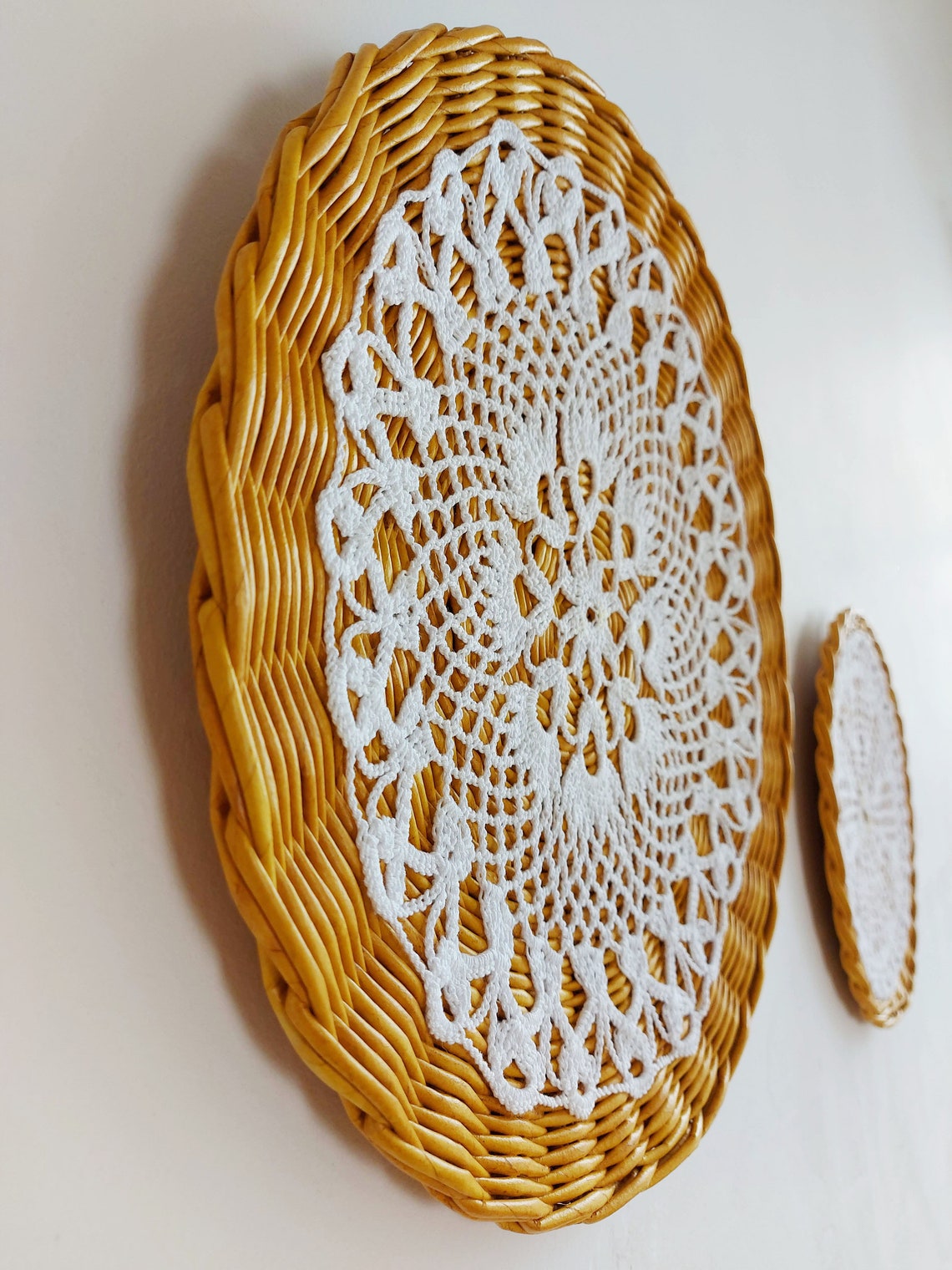 Doily wall hanging Wall art crochet Boho wicker plate Etsy