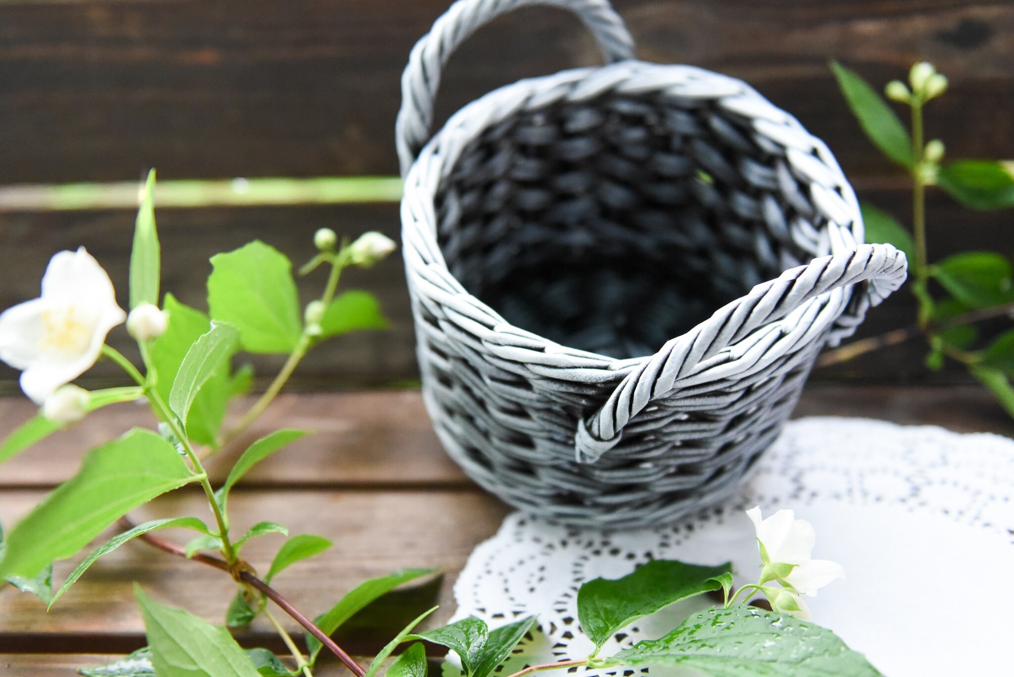 Black and white wicker basket with recycled newspaper handles Etsy