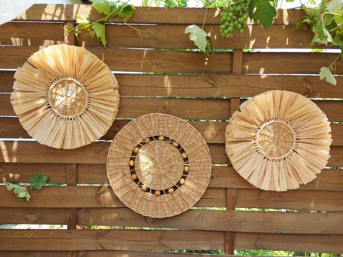 3 wicker plates with raffia and wood beads Cottagecore wall Etsy