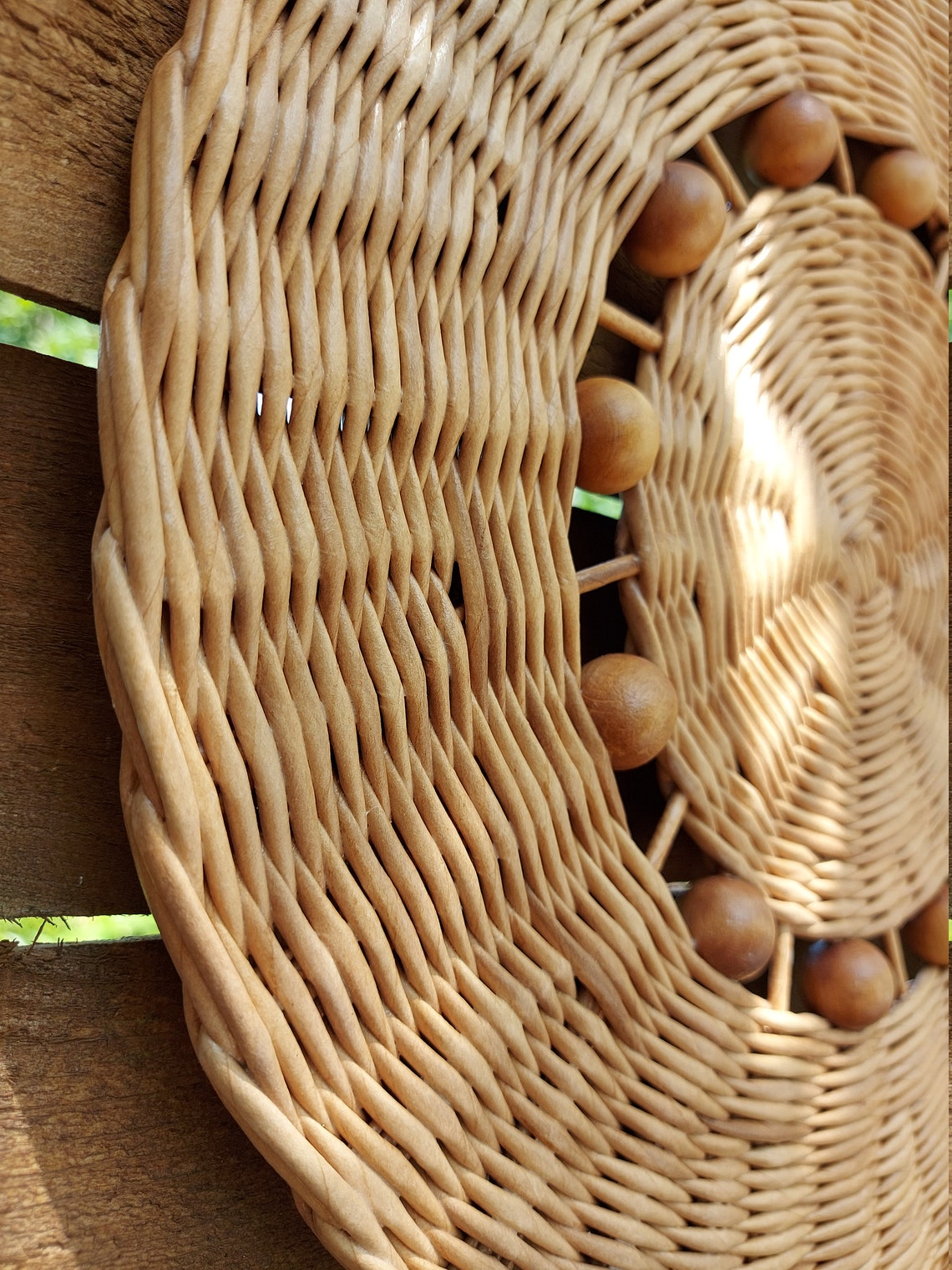 3 wicker plates with raffia and wood beads Cottagecore wall Etsy