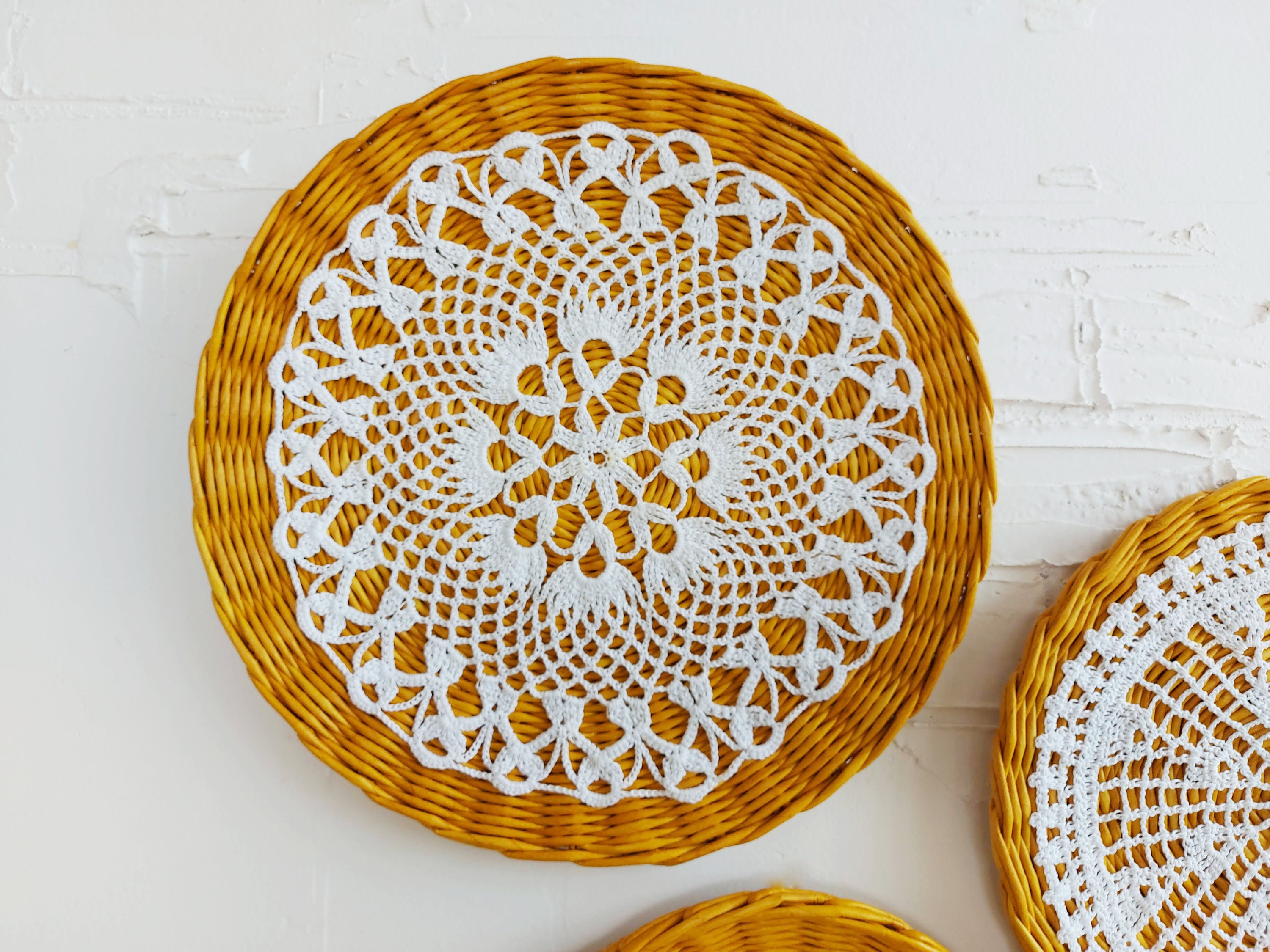 Doily wall hanging Wall art crochet Boho wicker plate Etsy