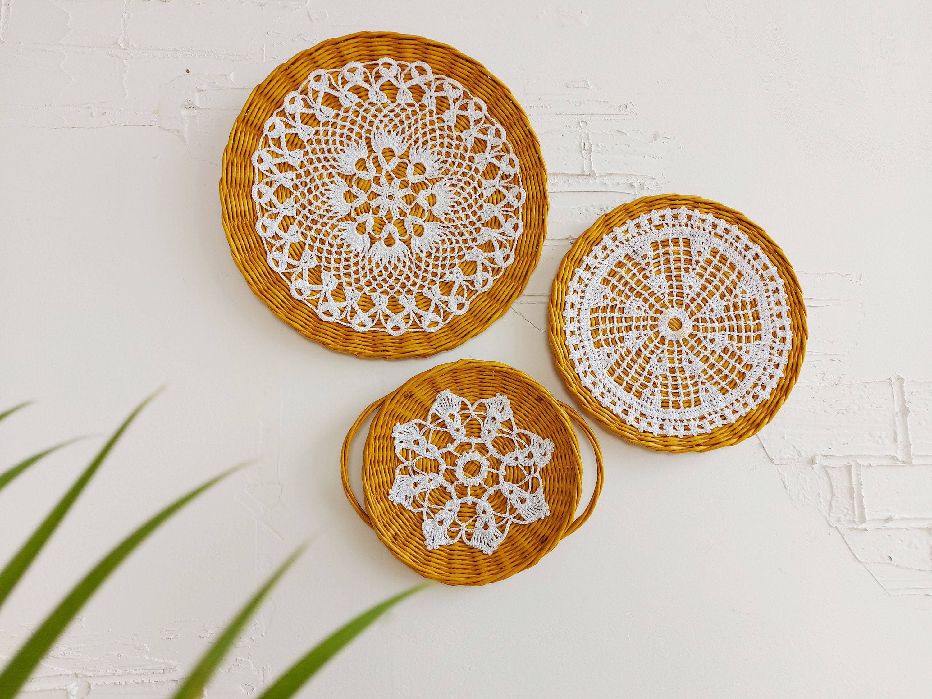 Doily wall hanging Wall art crochet Boho wicker plate Etsy