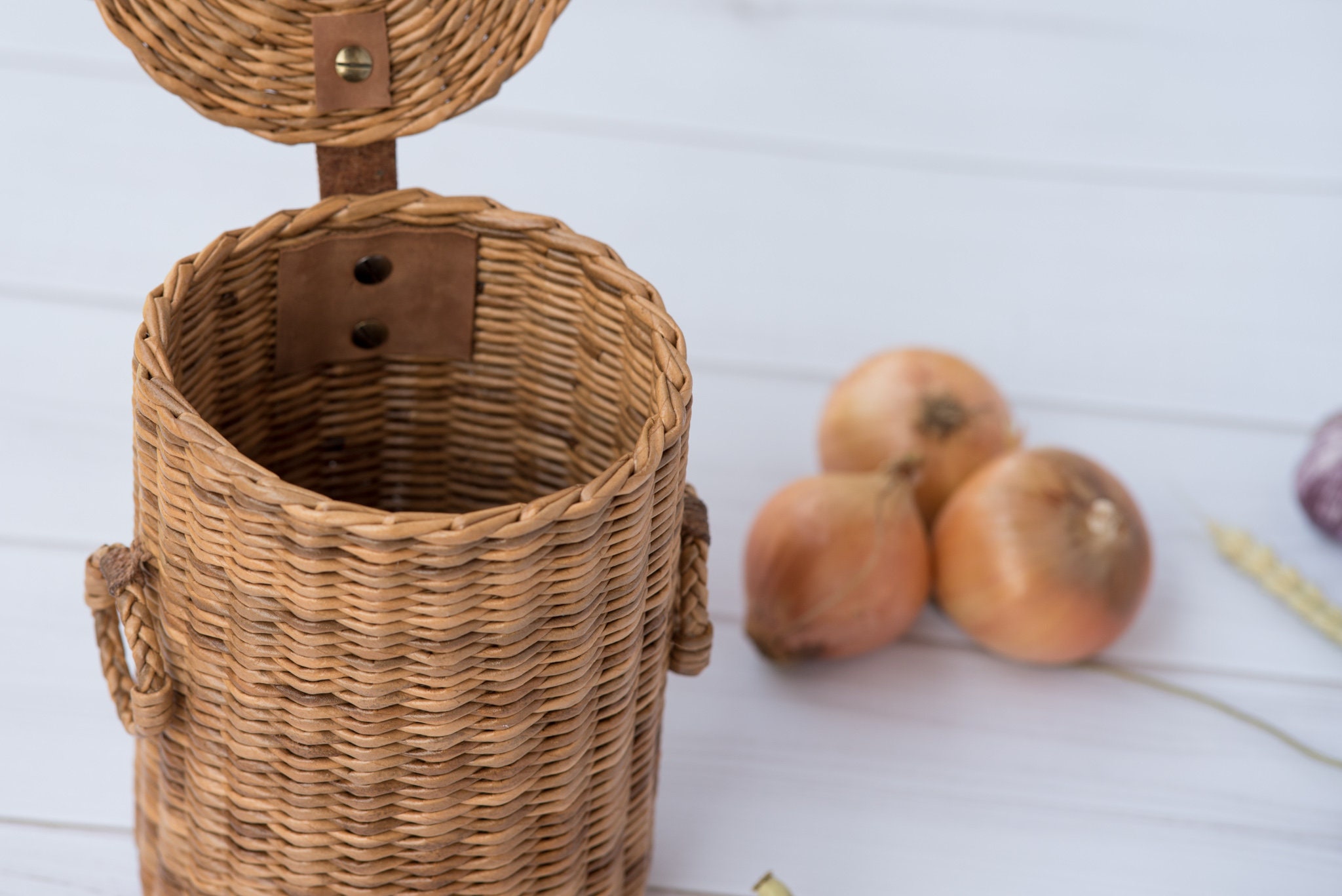 Onion wicker basket with lid Brown produce basket with round Etsy