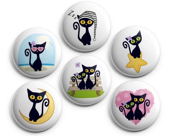 CUTE BLACK CAT - Magnets / Pinback Buttons / Badges - 1 inch or 1.75 inch, Set of 6, Handmade, Mix and Match