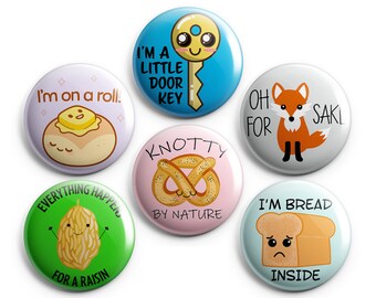 PUNS - Magnets / Pinback Buttons / Badges - 1 inch or 1.75 inch, Set of 6, Handmade, Mix and Match