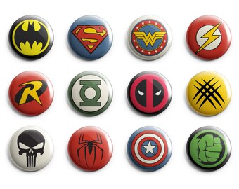 SUPERHERO LOGO ICONS - Magnets / Pinback Buttons / Badges - 1 inch or 1.75 inch, Set of 12, Handmade, Mix and Match