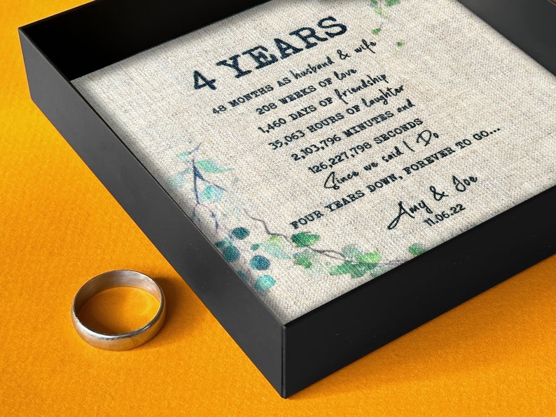 Flower Anniversary Gift for Him and Her, Linen Anniversary Idea For Couples, 4 Year Countdown Catchall Tray Ring Dish image 1