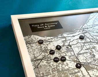 6th Anniversary Gift For Him and Her - Iron Map wall Art With 10 Custom Pins - A Perfect Memento For Your Family Story