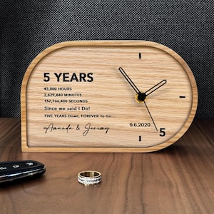 Wood Anniversary Gift Ideas . Personalized 5th Anniversary Natural Wood Desk Clock . 5 Year Wedding Anniversary Gift for Him and Her