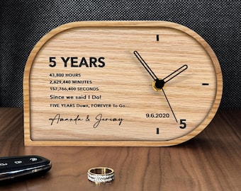 Wood Anniversary Gift Ideas . Personalized 5th Anniversary Natural Wood Desk Clock . 5 Year Wedding Anniversary Gift for Him and Her