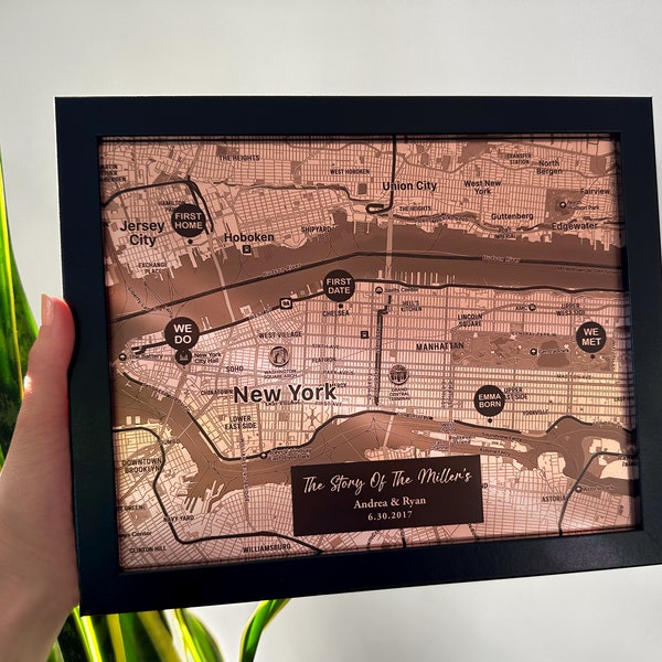 Copper Anniversary Gift For Him - Copper Map wall Art With Pins On The Special Locations - A Perfect Memento For Your Family Story