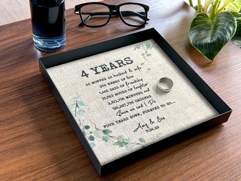 Flower Anniversary Gift for Him and Her, Linen Anniversary Idea For Couples, 4 Year Countdown Catchall Tray Ring Dish Green-Large 8 x 8 in