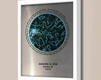 Idea de regalo para el décimo aniversario • Mapa estelar de aluminio que brilla en la oscuridad • Regalo de décimo aniversario para él y para ella • Regalo de aniversario de aluminio/estaño