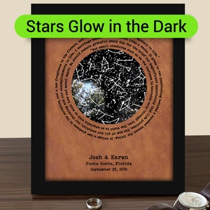 Mapa estelar Regalo del 3er aniversario - Regalo de aniversario de cuero para él - Regalo de tres años de aniversario para el esposo - Estrellas BRILLAN en la OSCURIDAD