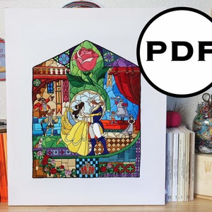 Beauty and the Beast Stained Glass Window Embroidery - DMC Color and Stitch Guide