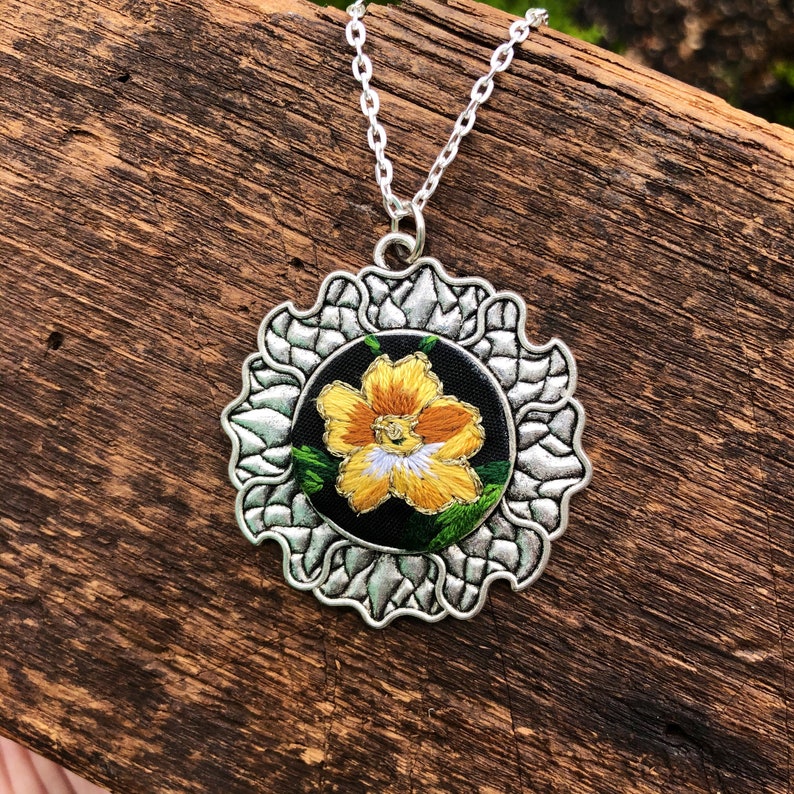 Embroidered Flower Necklace Pendant Floral Necklace Etsy