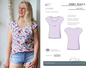Könnte beinhalten: Ein weißes Shirt mit Blumendruck und einem gerafften Ausschnitt. Das Shirt wird auf einem Model mit Jeans-Shorts gezeigt. Das Shirt ist auch in einer Strichzeichnung in helllila Farbe dargestellt. Der Text "SHIRT MALEA GR. 32-54" befindet sich oben im Bild. Der Text "MATERIAL JERSEY, VISKOSEJERSEY" befindet sich unter der Strichzeichnung. Der Text "OPTIONEN KRAGEN ODER AUS SCHNITT MIT BELEG WEITER SAUM ODER GUMMIZUGSAUM" befindet sich rechts im Bild.