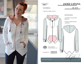 Puede incluir: Una sudadera con capucha blanca con forro de capucha rosa y un patrón gris y blanco en las mangas. La sudadera tiene un bolsillo canguro y un dobladillo largo y asimétrico. El texto "JACKE LAYANA" y "GR. 32-54" está impreso en la imagen. El texto "MATERIAL" y "FRENCH TERRY, SWEAT" está impreso en la imagen. El texto "OPTIONEN" está impreso en la imagen. El texto "KAPUZEN UND/ODER KRAGEN" está impreso en la imagen. El texto "KLEINE ODER GROSSE TASCHEN" está impreso en la imagen. El texto "EBENENDRUCK GROSSFORMAT & A4" está impreso en la imagen. El texto "BEAMERDATEI" está impreso en la imagen. El texto "WWW.SAHIOUSHOPDE" está impreso en la imagen. El texto "Safilon" está impreso en la imagen.