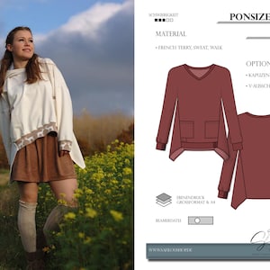 Hoodie pattern Ponsize – PDF sizes 34-50 | Casual oversized look | Contemporary including layers and projector file