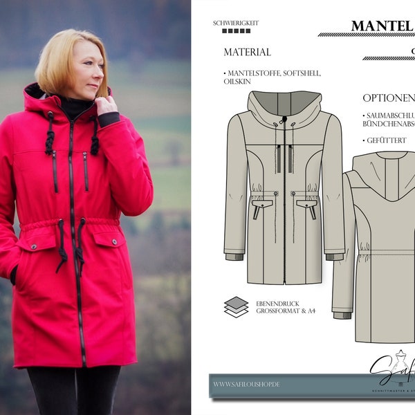 PDF pattern for a softshell ladies coat in sizes 32-54 in German language