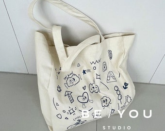 Doodle Tote- Canvas Bag- Tote Bag- Canvas Tote Bag- Shoulder Bag- Shopping Bag- Grocery Bag- Canvas Tote- Cute Canvas Bags