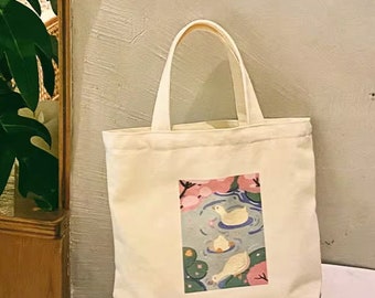 Double-Sided Duckling in the Pond Tote- Kawaii tote- Canvas Tote- Tote with Zipper- Tote Bags- Gift for Her