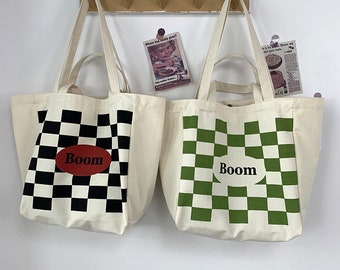 Checker BOOM Canvas Bag- Tote Bag- Shopping Bag- Shoulder Bag- Cute Canvas Tote Bag- Small Canvas Bags- Canvas Tote- Everything Bag