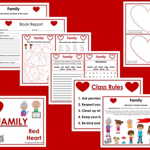 May include: A collection of educational worksheets with a red heart theme. The worksheets include activities such as a book report, word search, and class rules. The word "Family" is prominently displayed on several pages.