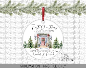 May include: A round Christmas ornament with the text "First Christmas in Our New Home." The ornament features a watercolor illustration of a house with a red door, surrounded by Christmas trees. Includes space to add address, name, and year.