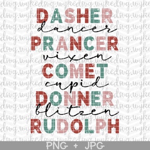 reindeer names png, sublimation designs, png files for sublimation, christmas png, retro pastel png, cute christmas clipart, xmas PNG