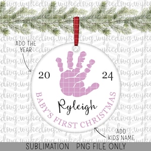 babys first christmas png, christmas ornament design, pink baby ornament png, round sublimation png, sublimation design, hand print png