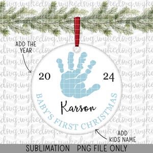 babys first christmas png, christmas ornament design, blue baby ornament png, round sublimation png, sublimation design, hand print png