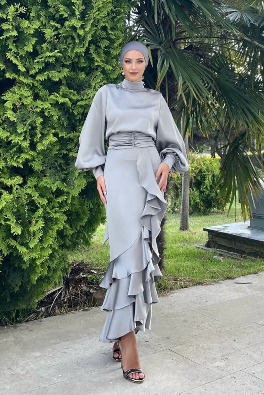 HS0439 Embroidered Mesh Dress Muslim Party Dinner Fashion Evening Dress