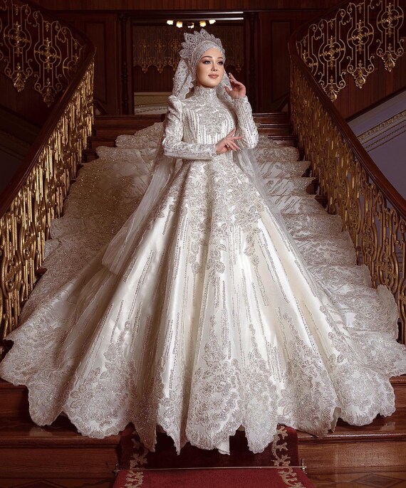 Mahişah Ecru Hochzeit Gesticktes Kleid Braut muslimische - Etsy Österreich