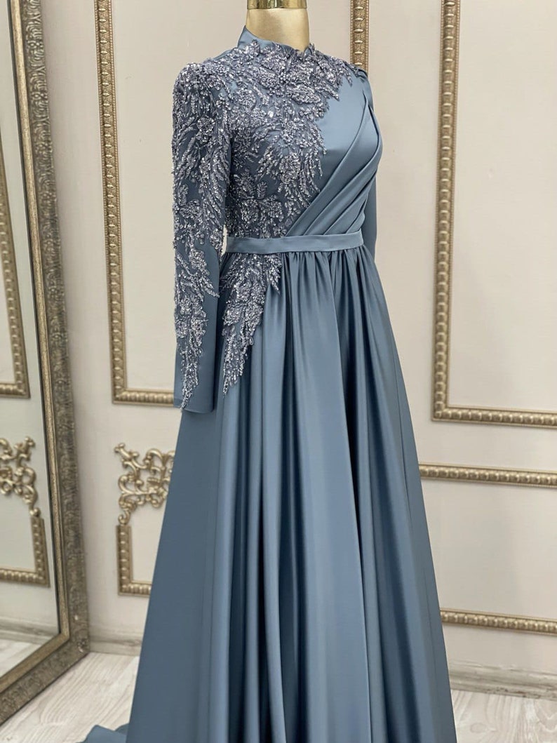 Lara Roza Ahunare Blue Satin Belted Tailed Embroidered Wedding | Etsy