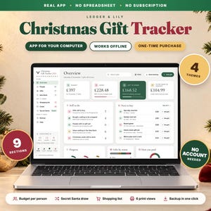 May include: A laptop displaying the Ledger & Lily Christmas Gift Tracker software interface. The screen shows an overview dashboard with budget metrics, to-do lists, and gift status charts. Text includes Real App, No Spreadsheet, No Subscription, 4 Themes, 9 Sections, and No Account Needed.