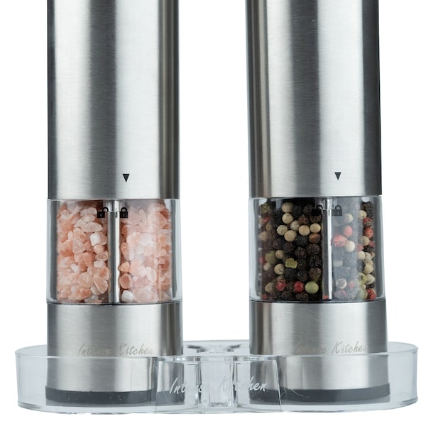 Electric Salt Pepper Grinder Set - Adjustable Ceramic Coarseness - Battery Operated Flashlight & Clear Container mills(2) - Fast Powerful
