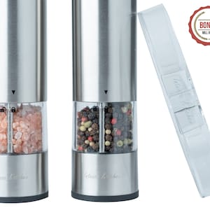Electric Salt and Pepper Grinder Set - Battery Operated Stainless Steel  Mill wit