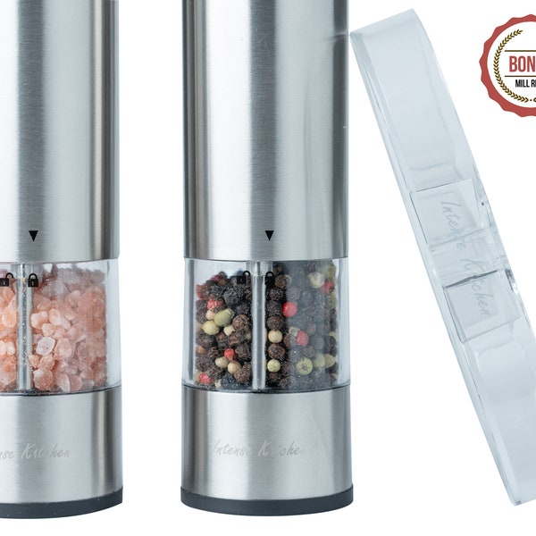 Adjustable Electric Salt Pepper Grinder Set - Battery Operated LED Light & Clear Container mills(2) - Adjustable Ceramic Coarseness - Fast