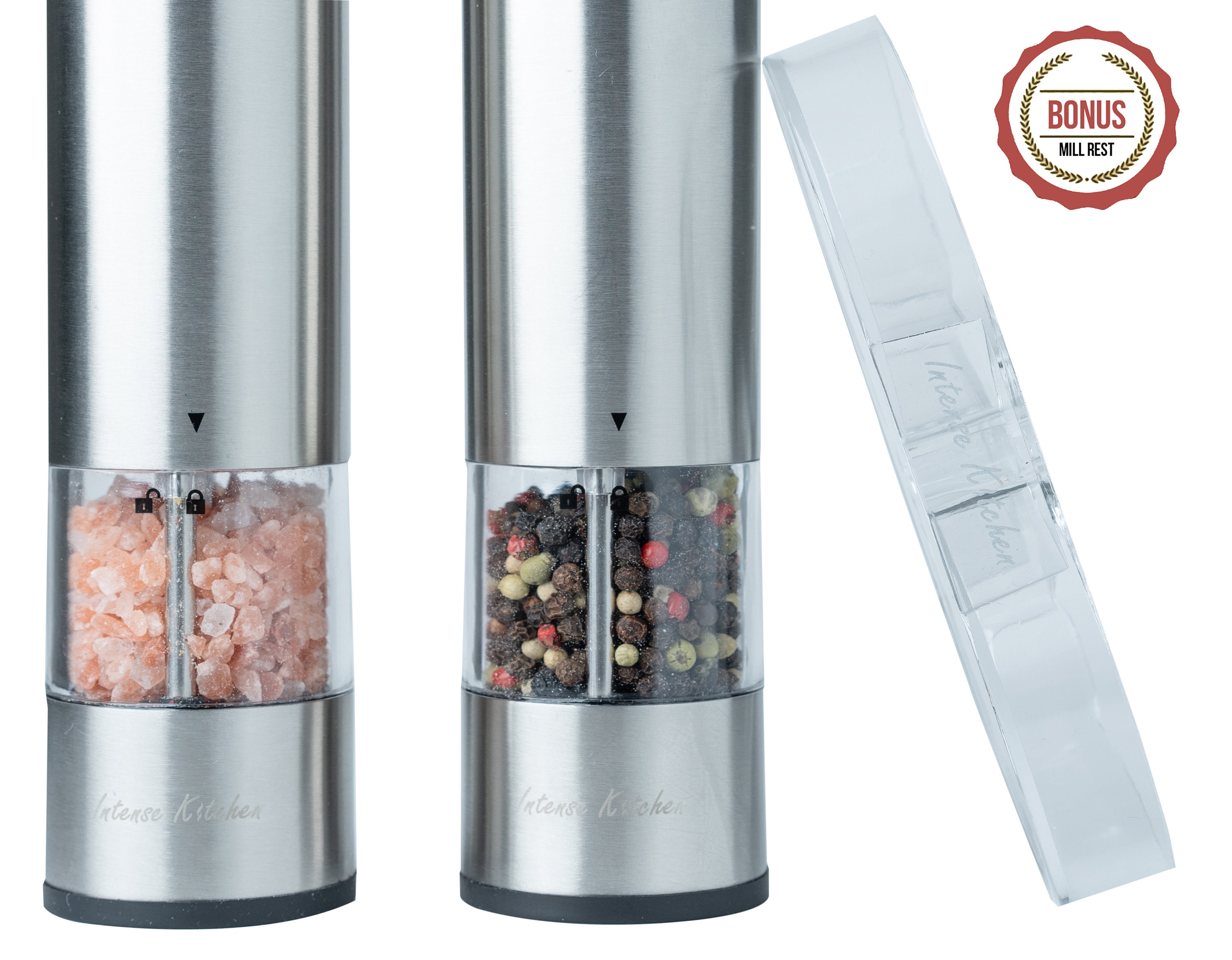 Electric Salt and Pepper Grinder Set (pack of 2) - Stainless Steel Battery  Operated Salt & Pepper Mills with Light - Complimentary Mill Rest- One