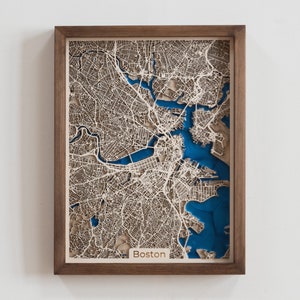 Boston Wooden Map  |  Unique Personalized Gift for Housewarming 5th Anniversary Birthday Wedding | Wood and Epoxy Resin