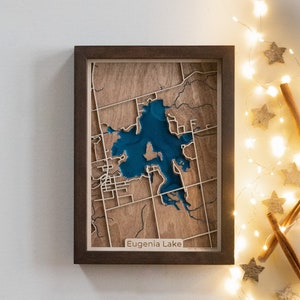 Carte en bois du lac Eugenia | Bois et résine époxy