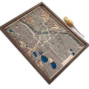 Mapa de madera de Minneapolis / Mapa personalizado / Madera y resina epoxi