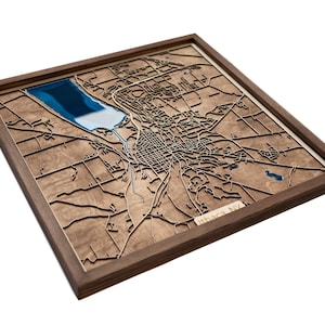 Może przedstawiać: Drewniana mapa Ithaki, Nowy Jork, z niebieską wkładką z żywicy reprezentującą jezioro Cayuga. Mapa jest oprawiona w ciemną drewnianą ramę.