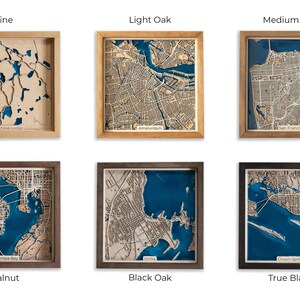 You can choose from 6 wood colors: Pine, Light Oak, Medium Oak, Walnut, Black Oak and True Black. Match the color of your map to your interior.