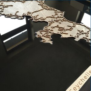 May include: A wooden map of the Seychelles islands, mounted on a black background. The map is raised and appears to be made of wood.