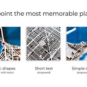 Pinpoint the most memorable places! You can choose basic shapes filled with resin, engraved short text or simple icons.